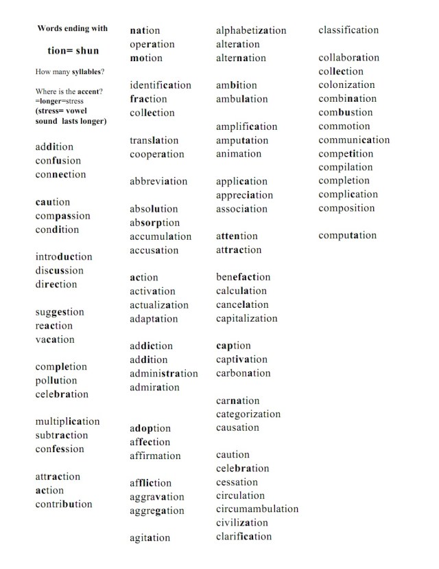 English big words TION words with accent and stressed syllable