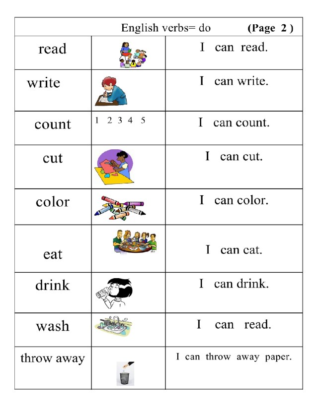 English verbs pg 2 picture word and sentence