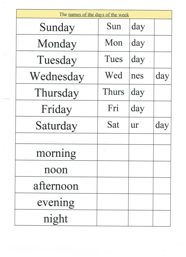 English calendar days of week printing 001