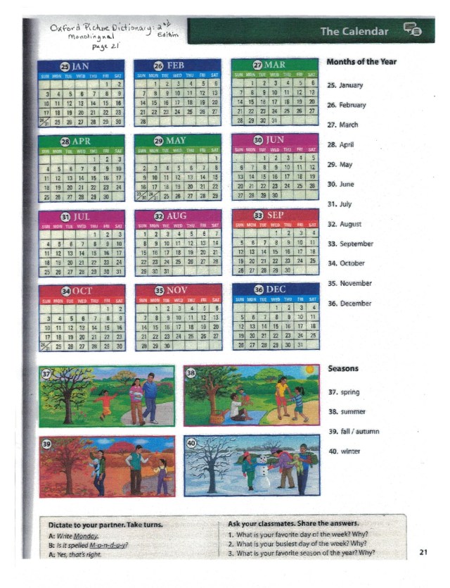 English calendar months oxford 21