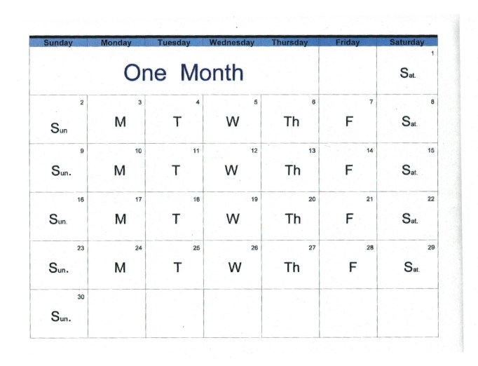 English monthly calendar with days of week