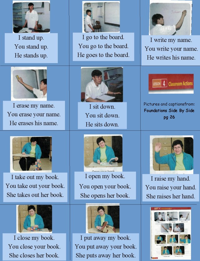 English classroom verbs sentences I you he she etc